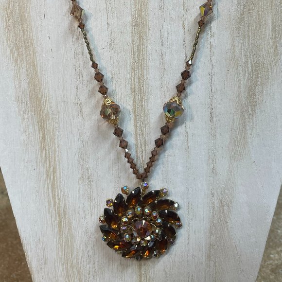 Handmade crystal rhinestone pendant, crystal necklace repurposed vintage brooch - Picture 1 of 7